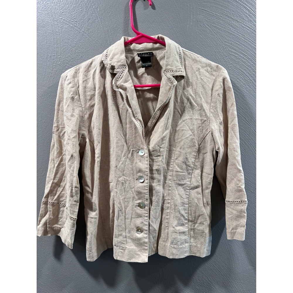 Tailor B. Moss Tan Linen Blend Eyelet Trim Button Front Blazer Jacket Size 6